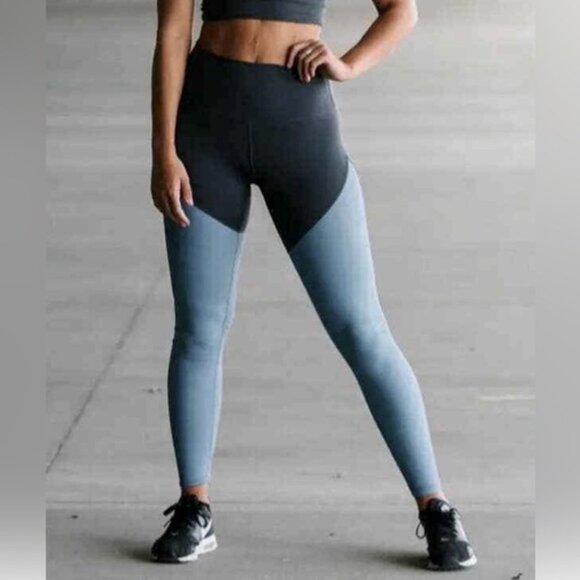 ZYIA Active Blue & Gray Storm Parallel Luxe High Rise Leggings sz 4 - Picture 1 of 6
